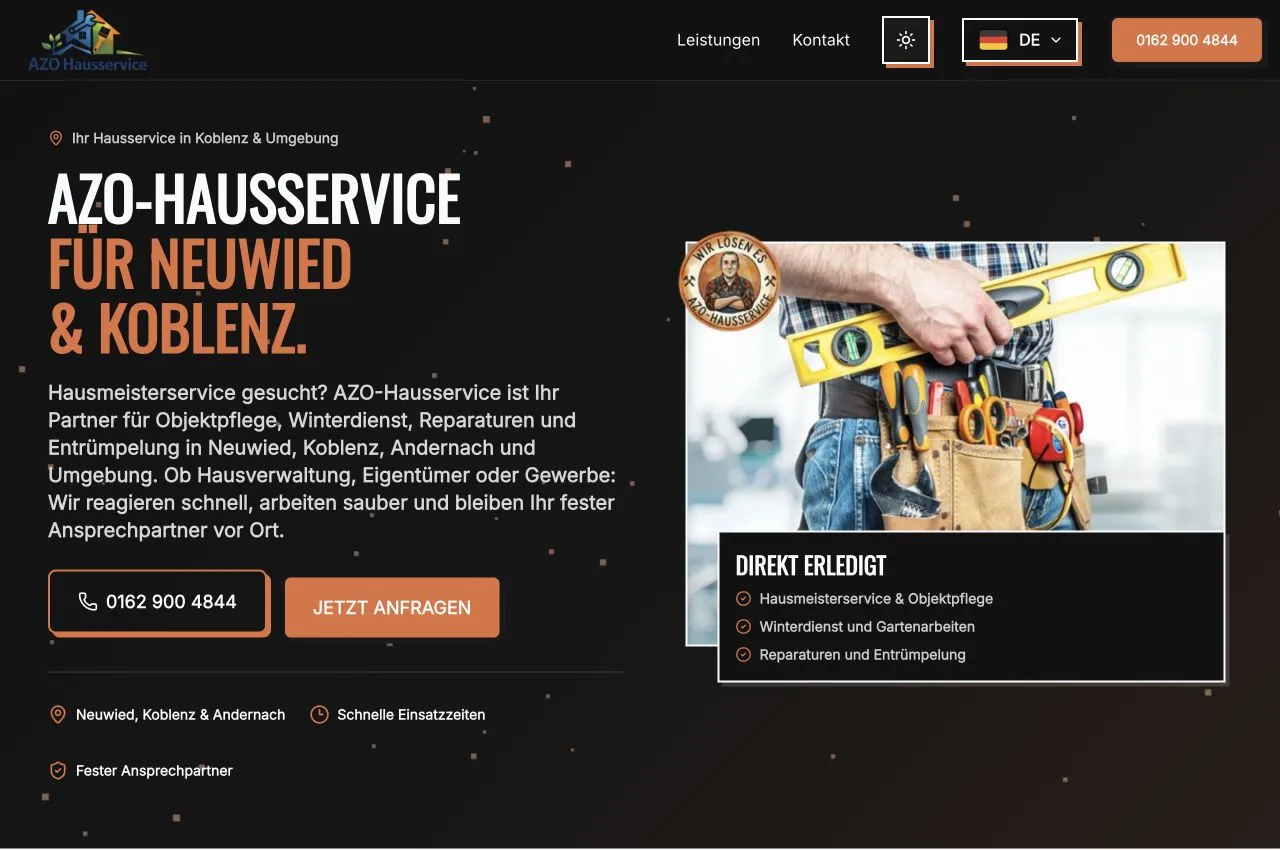 Screenshot of the AZO Hausservice website showing its services and contact options