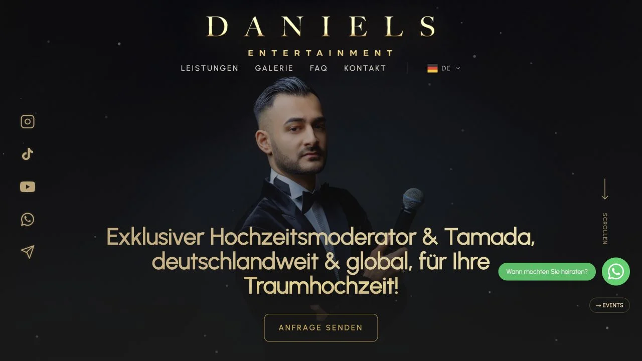 Screenshot of the Daniels Entertainment website with a portrait and wedding hosting introduction