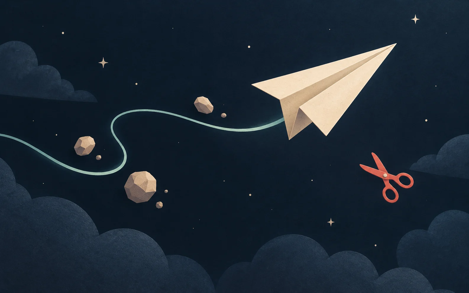 Illustration of a paper airplane with a flight trail, stones and scissors