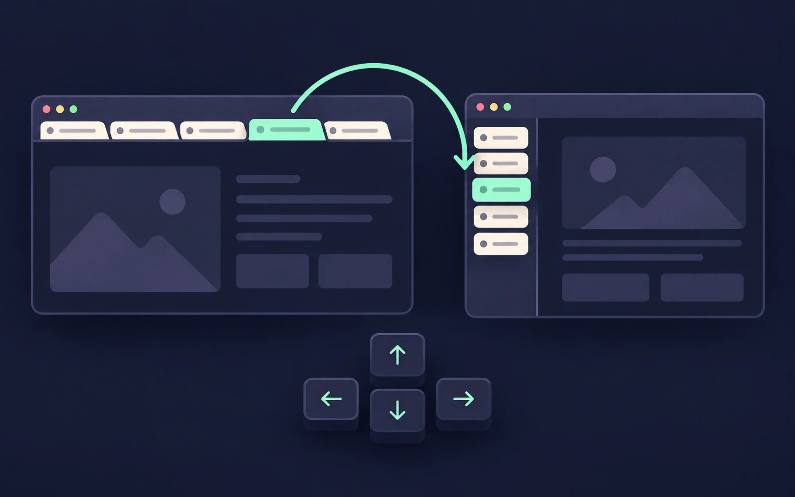 Illustration of horizontal and vertical browser tabs with arrow keys and a highlighted tab